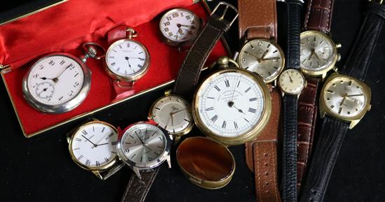 A collection of wrist watches, pocket watches and parts including ladys 9ct gold Omega and a gentlemans Avia chronograph.